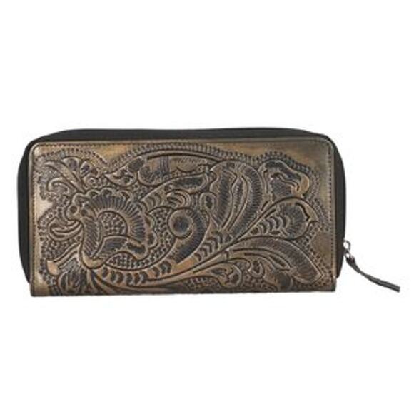 NWT Brown Handcrafted  Embossed Leather RFID Women's Zip Around Wallet - Picture 1 of 5